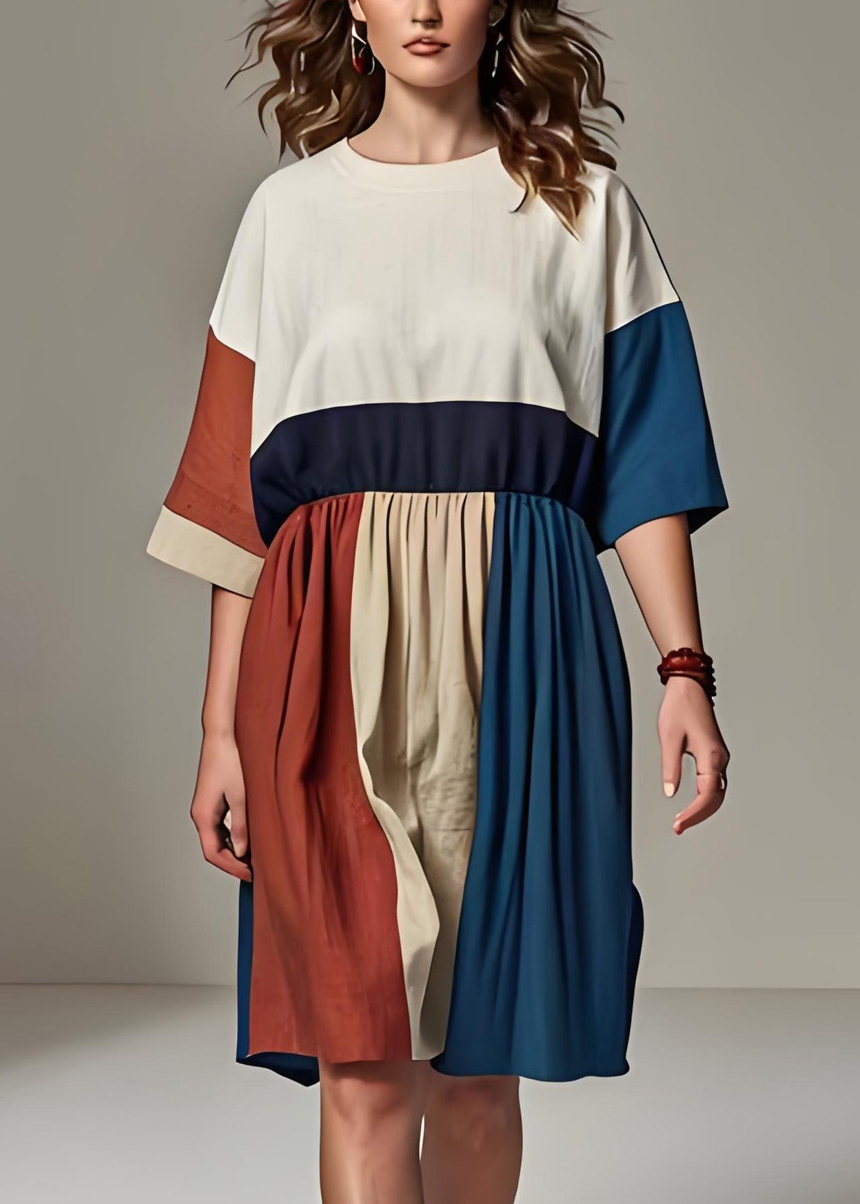 Colorblock O Neck Wrinkled Patchwork Linen Dresses Summer