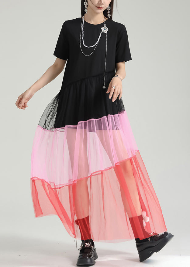 Colorblock O Neck Wrinkled Patchwork Tulle Dresses Summer