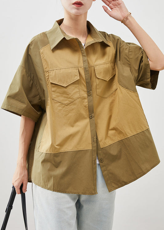 Colorblock Oversized Patchwork Cotton Shirt Tops Short Sleeve