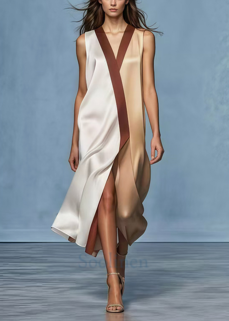 Colorblock Patchwork Side Open Draping Silk Dress Summer