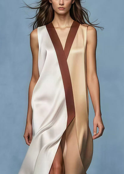 Colorblock Patchwork Side Open Draping Silk Dress Summer