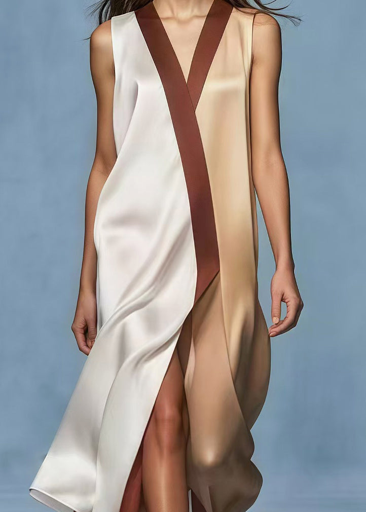 Colorblock Patchwork Side Open Draping Silk Dress Summer