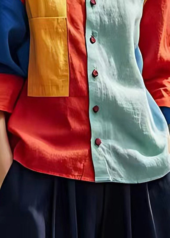 Colorblock Peter Pan Collar Button Shirts Fall