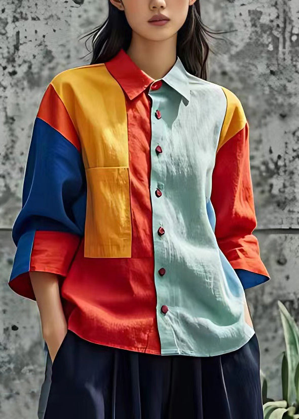 Colorblock Peter Pan Collar Button Shirts Fall