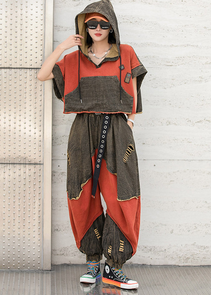 Colorblock Red Hooded Drawstring Patchwork Hole Tops and Harm Pants Two Pieces Set Short Sleeve