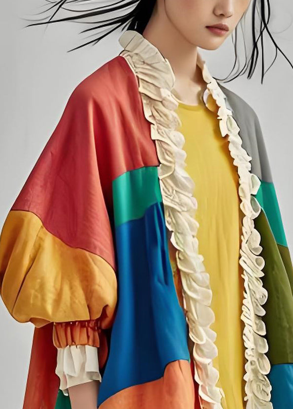 Colorblock Ruffled Patchwork Cotton Cardigan Lantern Sleeve
