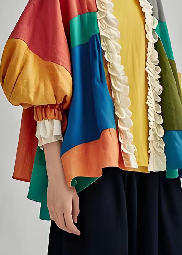 Colorblock Ruffled Patchwork Cotton Cardigan Lantern Sleeve