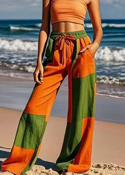 Colorblock Tie Waist Wide Leg Pants Summer