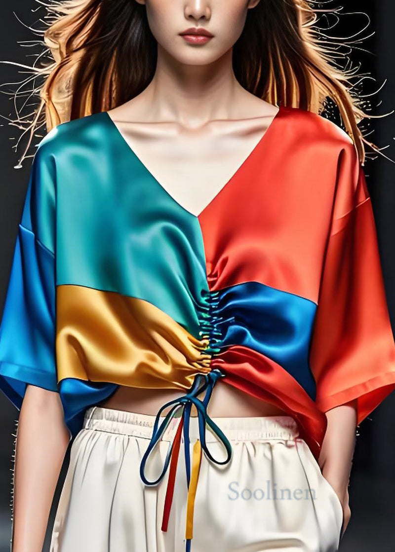 Colorblock V Neck Cinched Silk Blouses Summer