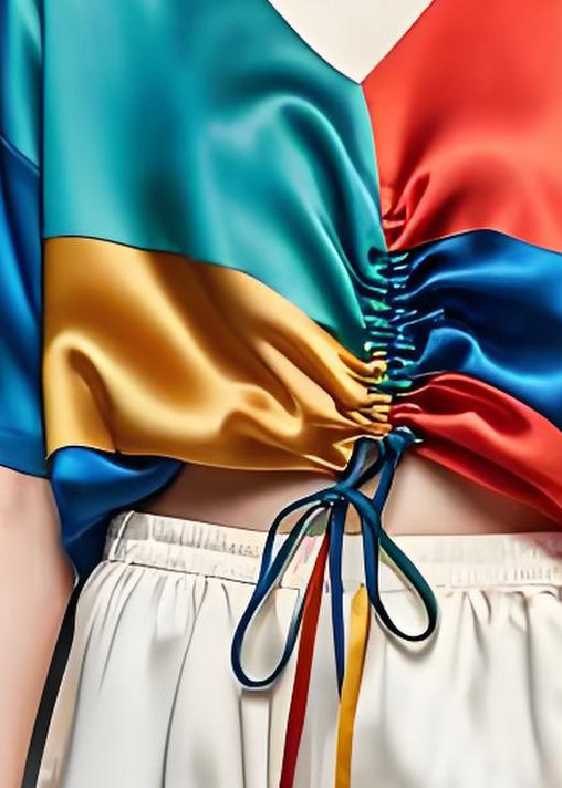 Colorblock V Neck Cinched Silk Blouses Summer