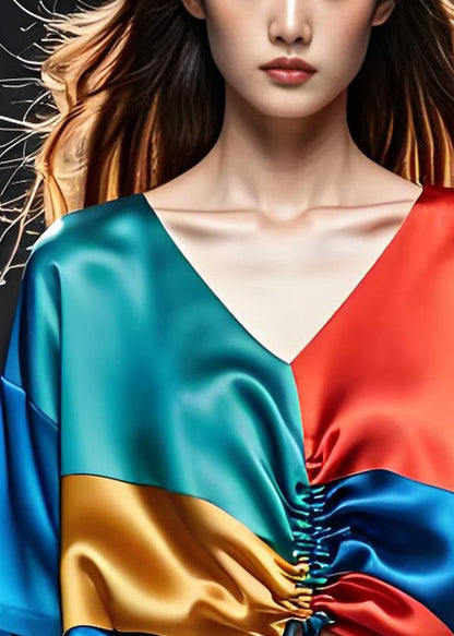 Colorblock V Neck Cinched Silk Blouses Summer