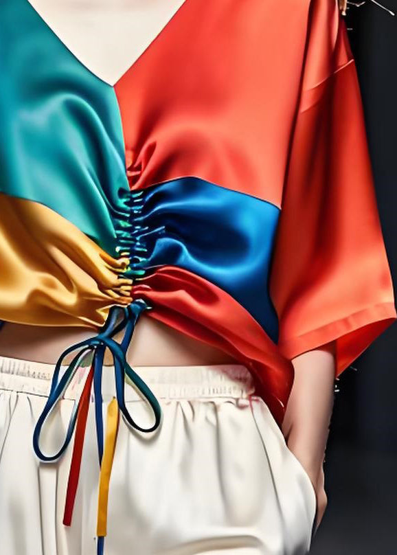 Colorblock V Neck Cinched Silk Blouses Summer