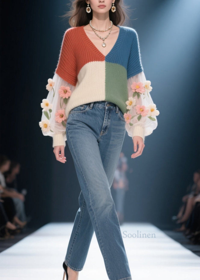 Colorblock V Neck Patchwork Knit Sweater Fall