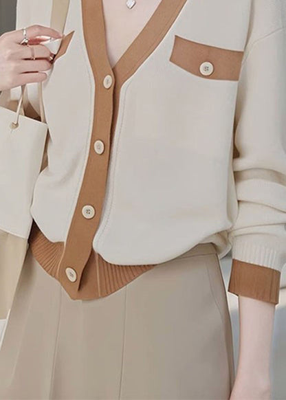 Colorblock V Neck Patchwork Button Cotton Knit Cardigans Fall