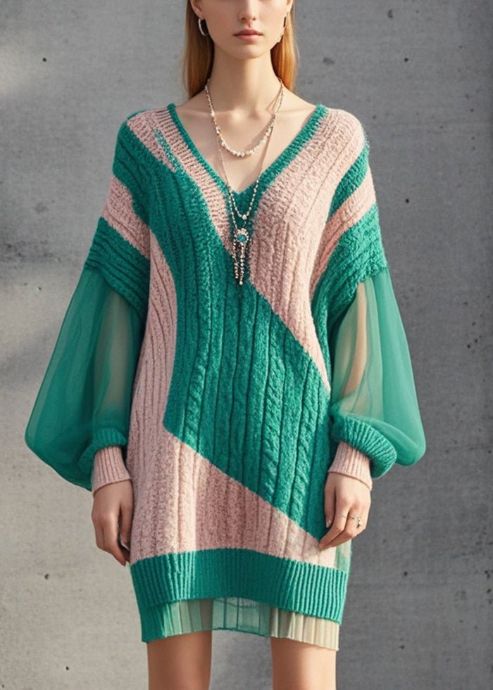 Colorblock V Neck Patchwork Knit Dress Lantern Sleeve