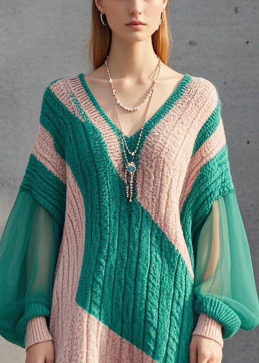Colorblock V Neck Patchwork Knit Dress Lantern Sleeve