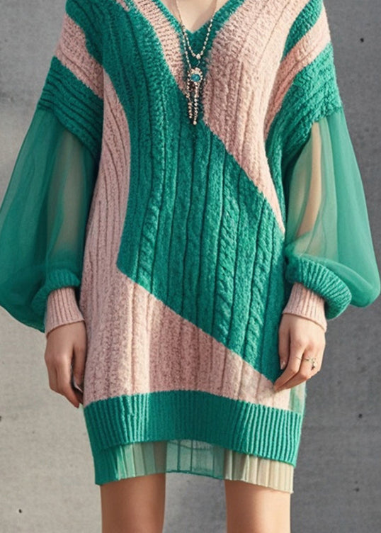Colorblock V Neck Patchwork Knit Dress Lantern Sleeve