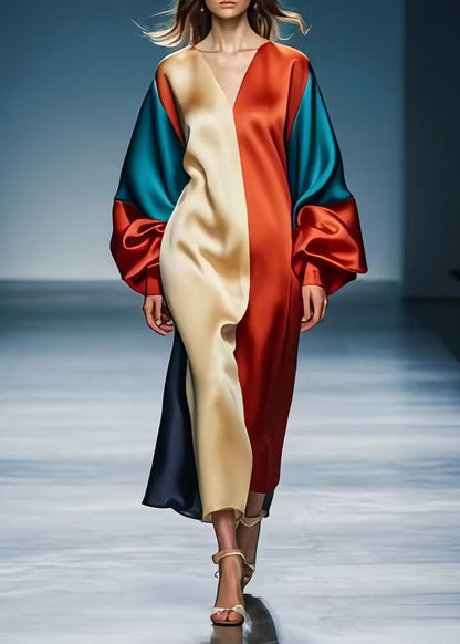 Colorblock V Neck Patchwork Silk Party Dress Lantern Sleeve