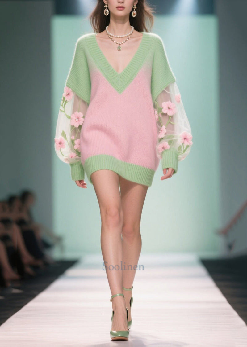 Colorblock V Neck Patchwork Tulle Long Sweaters Fall