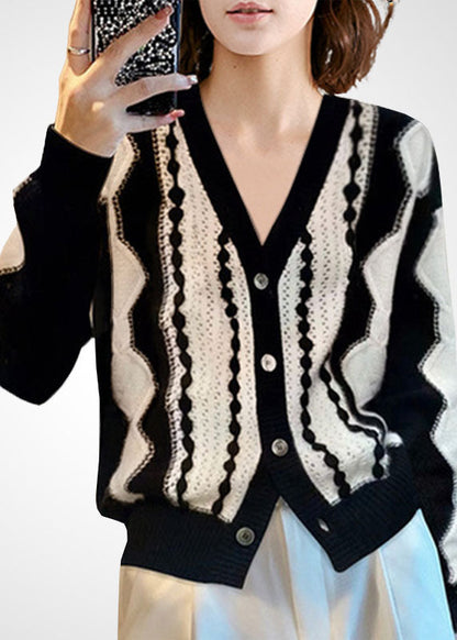 Colorblock V Neck Patchwork Wool Knit Cardigan Winter