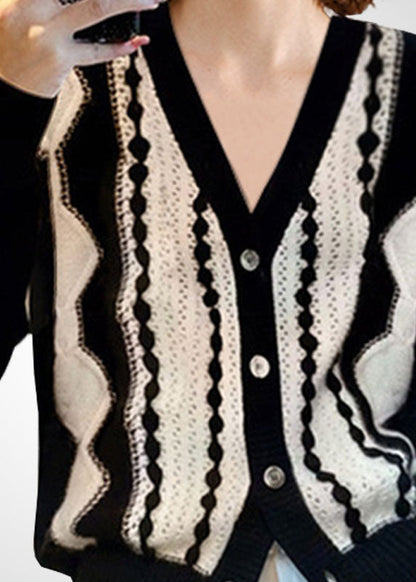 Colorblock V Neck Patchwork Wool Knit Cardigan Winter