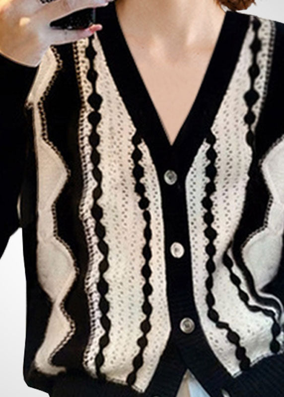 Colorblock V Neck Patchwork Wool Knit Cardigan Winter