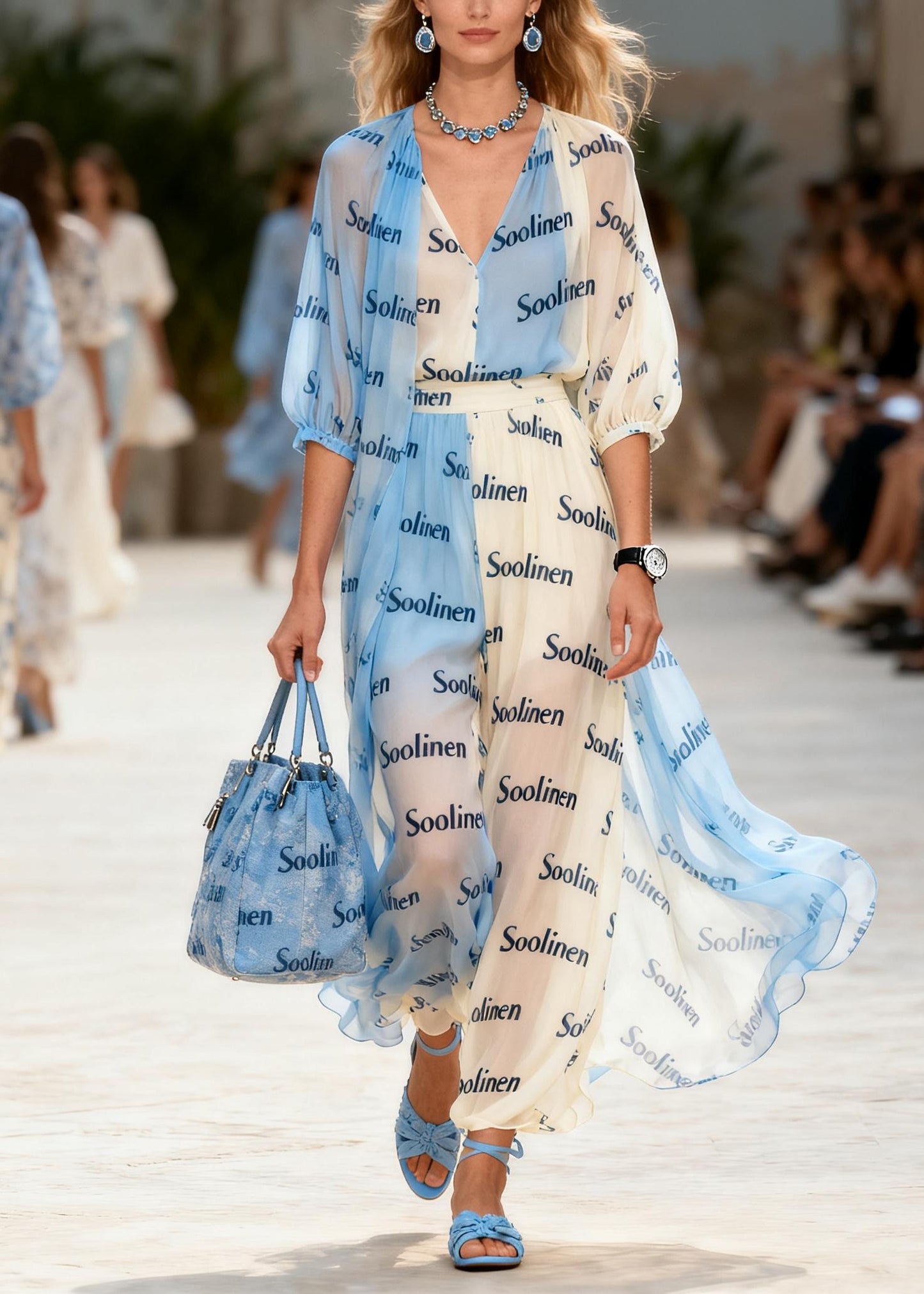 Colorblock V Neck Print Chiffon Maxi Dresses Summer