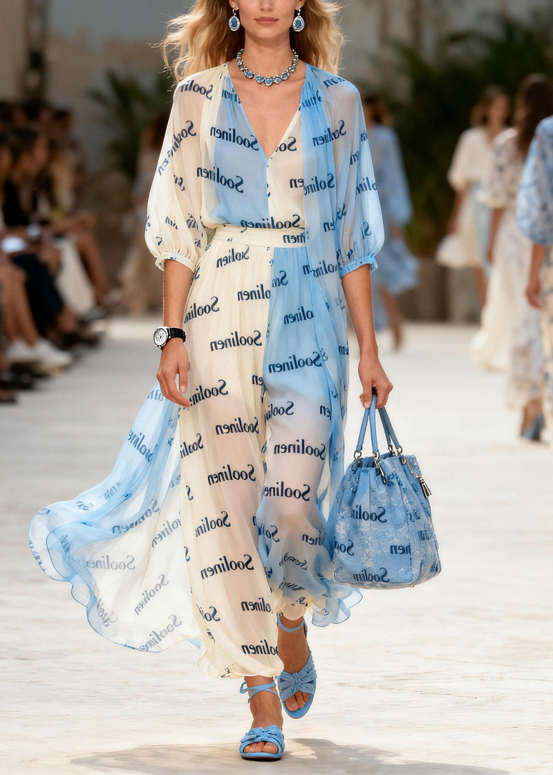 Colorblock V Neck Print Chiffon Maxi Dresses Summer