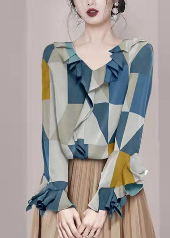 Colorblock V Neck Ruffled Chiffon Shirt Tops Long Sleeve