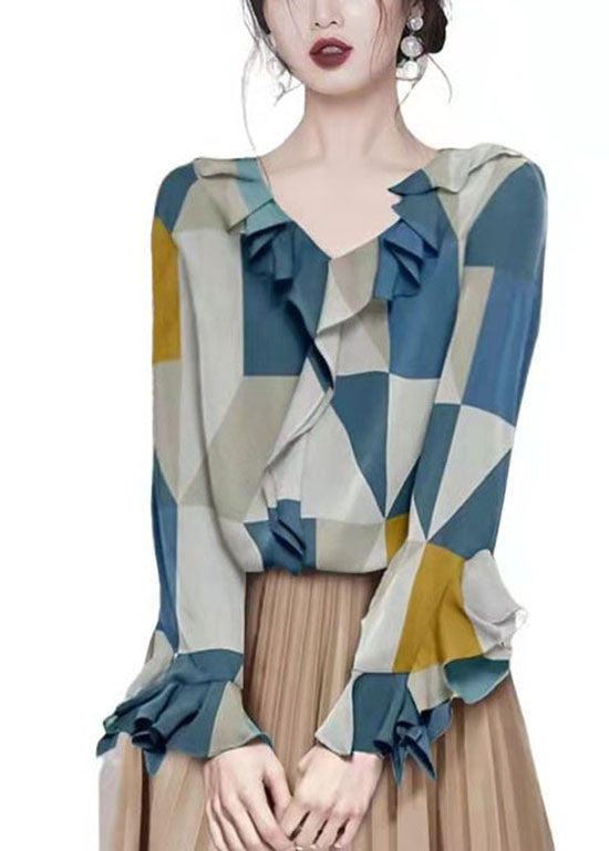 Colorblock V Neck Ruffled Chiffon Shirt Tops Long Sleeve