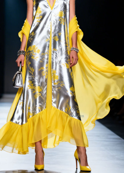 Colorblock V Neck Ruffled Patchwork Silk Dress Summer