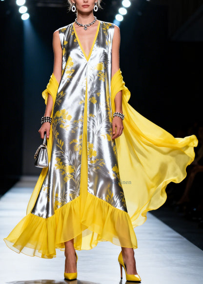 Colorblock V Neck Ruffled Patchwork Silk Dress Summer