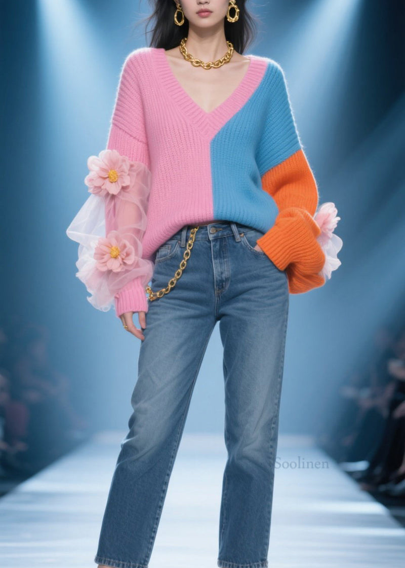 Colorblock V Neck Tulle Patchwork Knit Sweater Fall