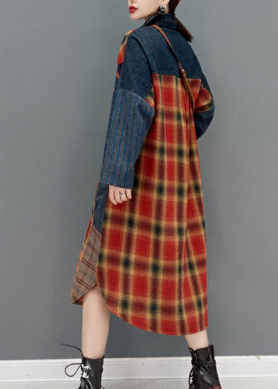 Colorblock Button Side Open Peter Pan Collar Patchwork Plaid Coats Spring