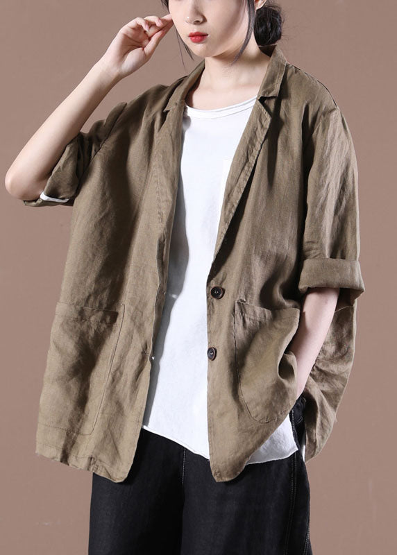 Dark Brown Notched Collar Pockets Linen Coat Long Sleeve