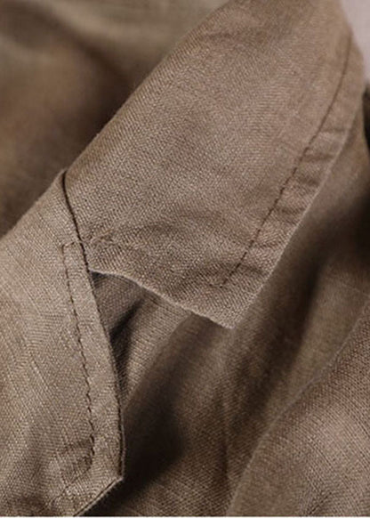 Dark Brown Notched Collar Pockets Linen Coat Long Sleeve