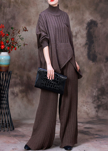 Dark Chocolate Colour Asymmetrical Knit Sweaters and Pants Two Piece Set Fall