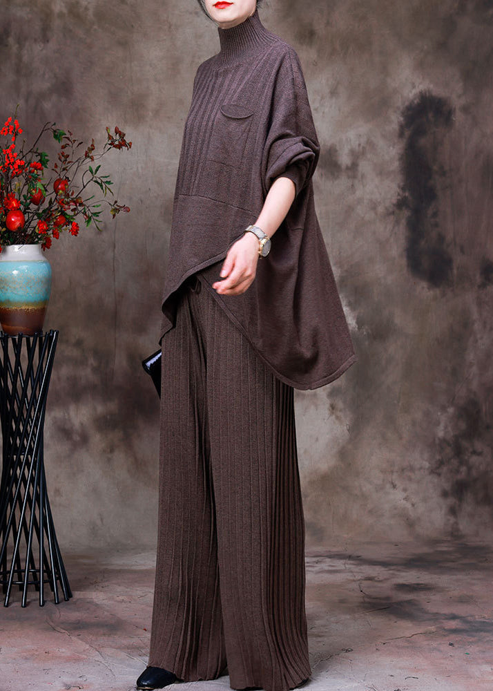 Dark Chocolate Colour Asymmetrical Knit Sweaters and Pants Two Piece Set Fall