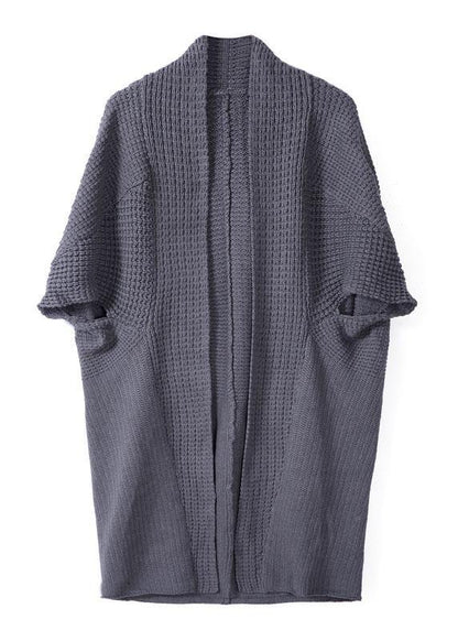 Dark Gray Bat Wing Sleeve Pockets Fall Knitwear Coat