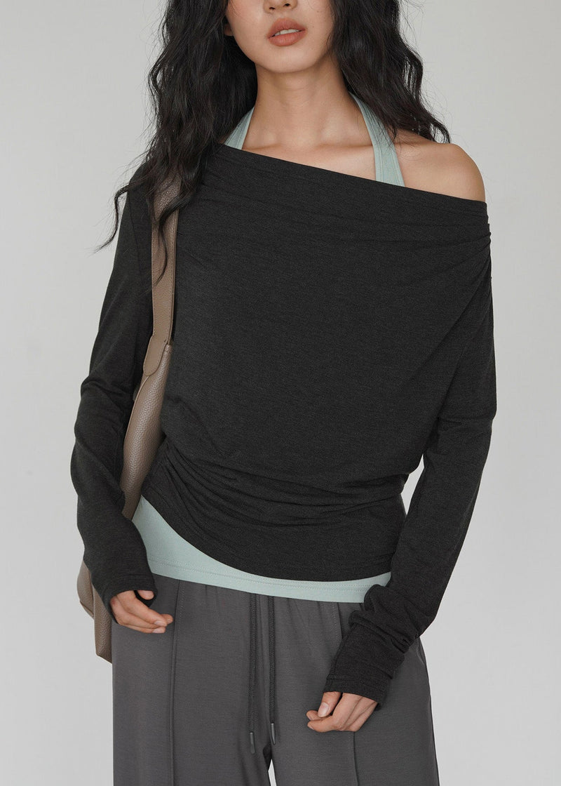 Dark Gray Off Shoulder Topand Light Green Interior Layered Set