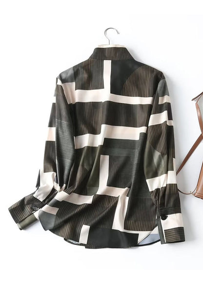 Fashion Dark Green Stand Collar Striped Patchwork Shirt Long Sleeve