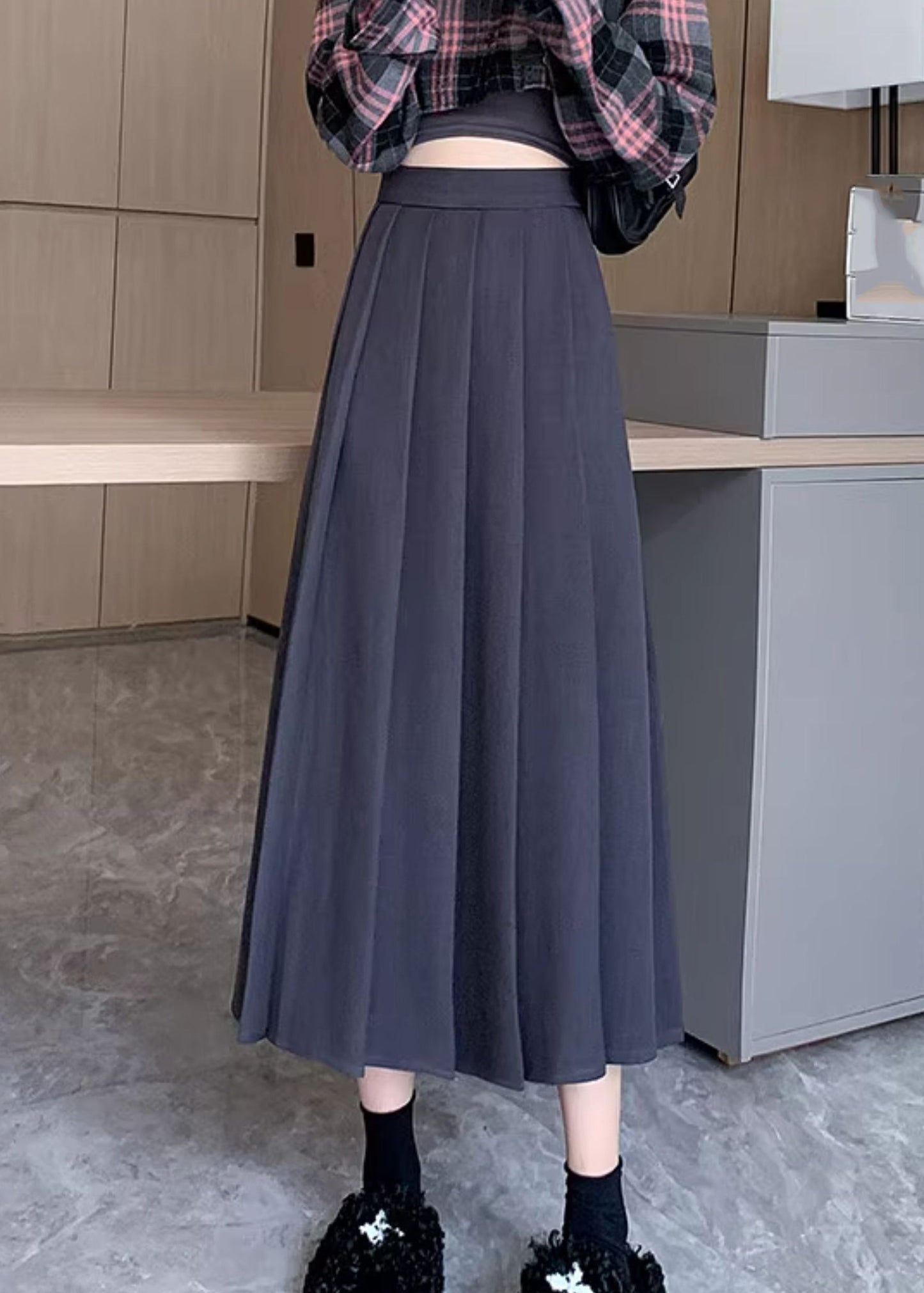 Dark Grey Patchwork Draping Pleated Skirt Fall