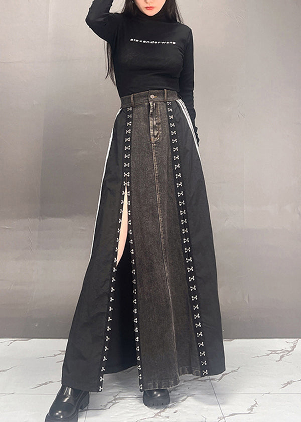 Dark Grey Patchwork Side Open Denim Skirts Fall