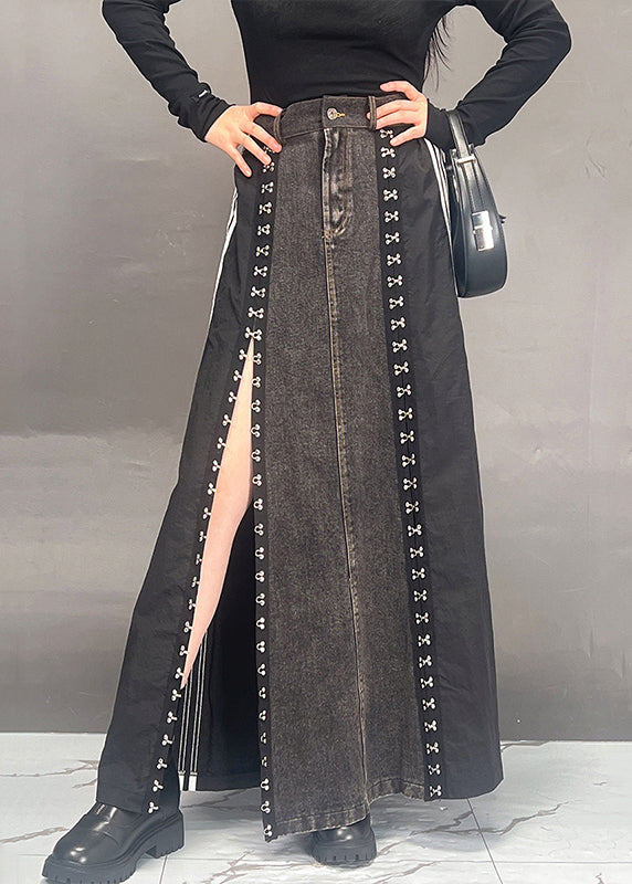 Dark Grey Patchwork Side Open Denim Skirts Fall