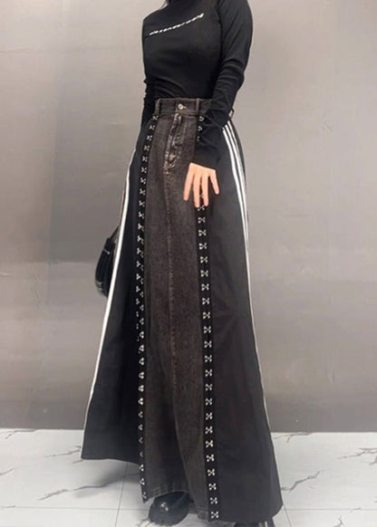 Dark Grey Patchwork Side Open Denim Skirts Fall