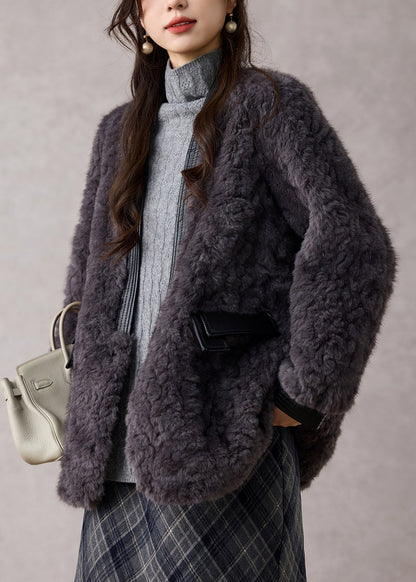 Dark Grey V Neck Patchwork Faux Fur Coats Winter