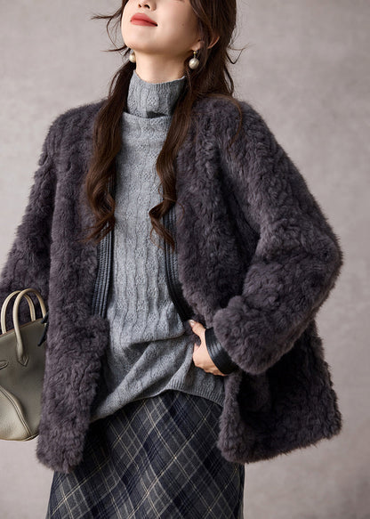 Dark Grey V Neck Patchwork Faux Fur Coats Winter