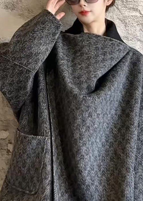 Dark Grey V Neck Print Pockets Wool Coats Fall