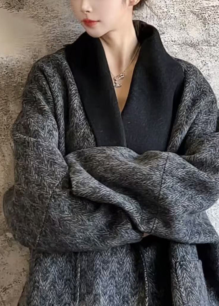 Dark Grey V Neck Print Pockets Wool Coats Fall