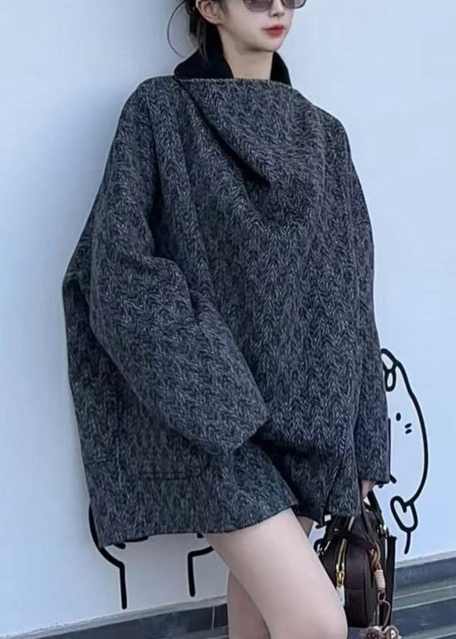 Dark Grey V Neck Print Pockets Wool Coats Fall